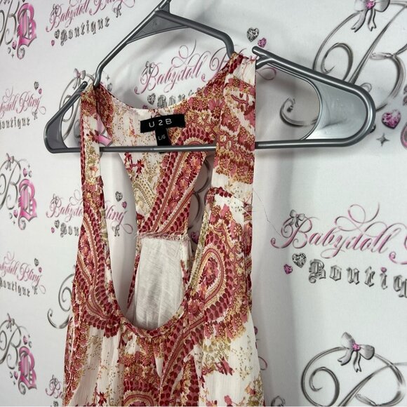 U2B tank top racer back floral Paisley Print Sleeveless Top red cream white - Picture 4 of 9